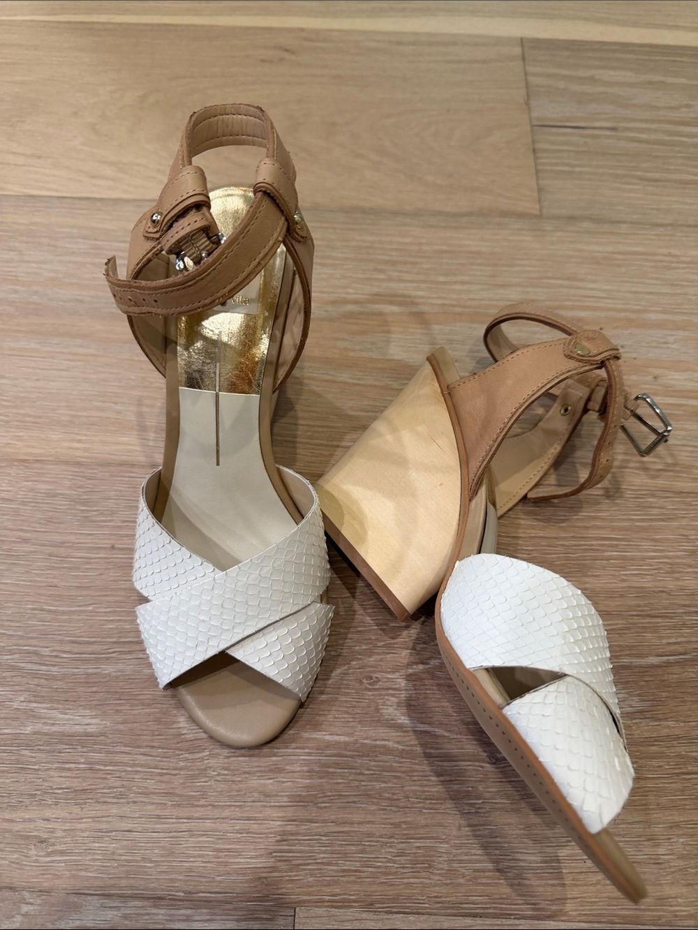Dolce Vita White and Tan Cross-Strap Block Heel Sandals